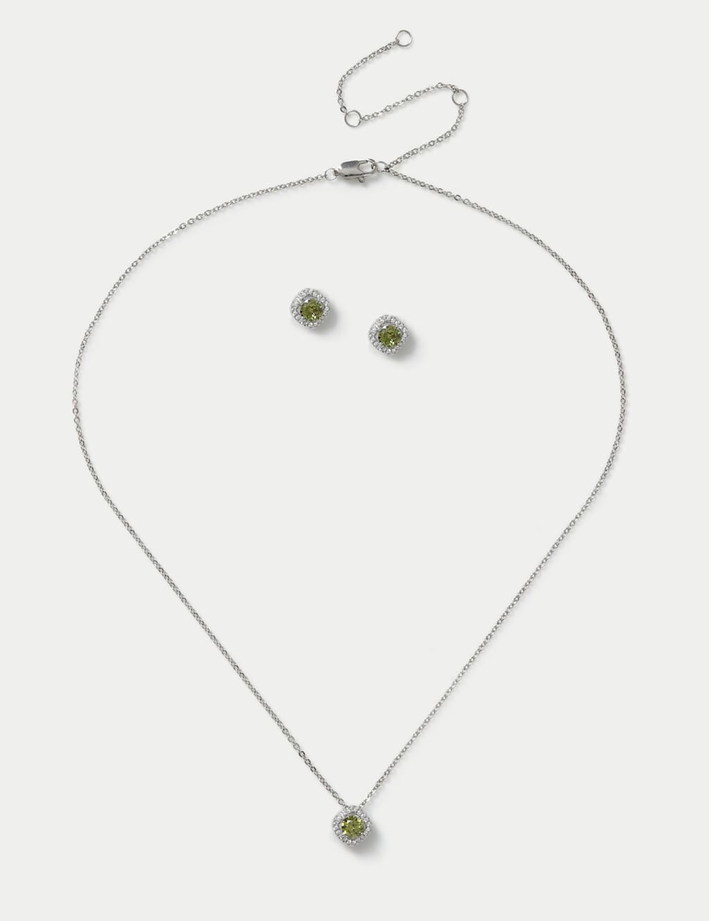 M&S Platinum Plated Birthstone Earring and Necklace Set Light Green