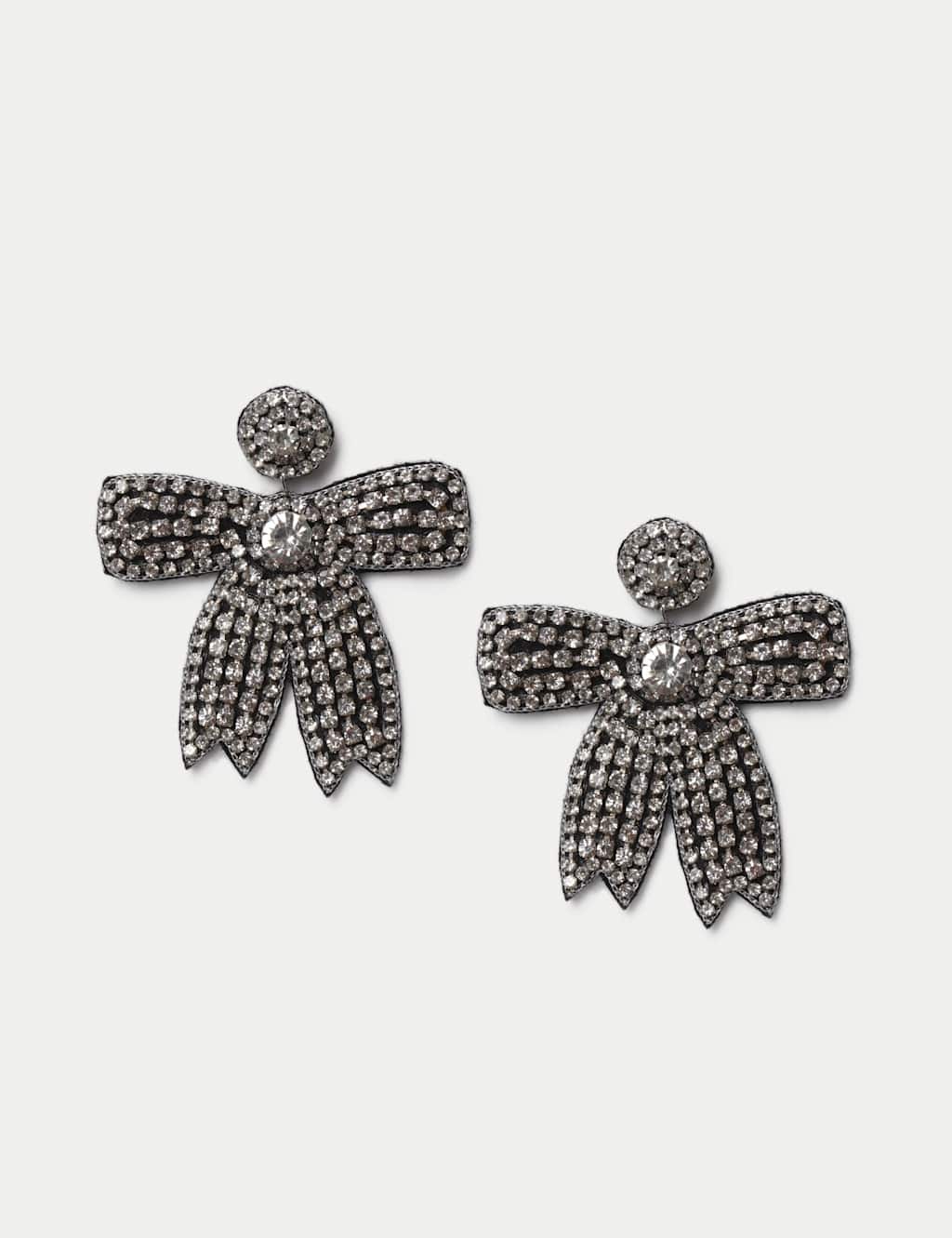 M&S Rhinestone Fabric Bow Christmas Earrings Silver