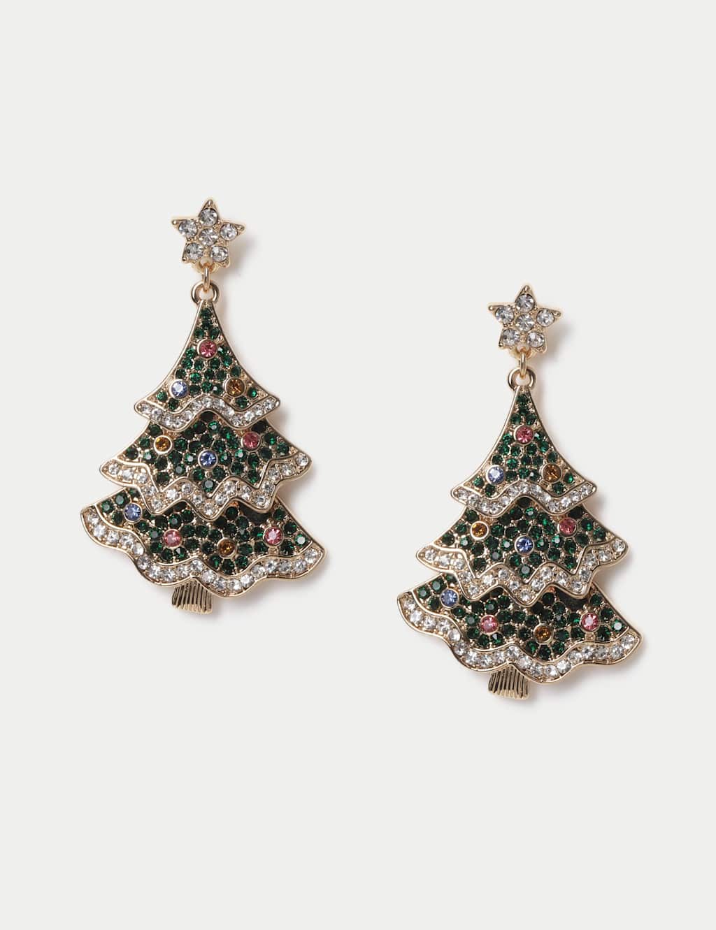 M&S Rhinestone Tree Drop Christmas Earrings Green Mix