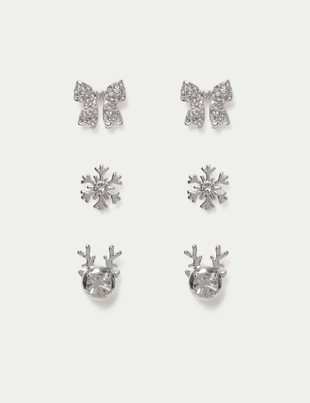 M&S Snowflake Bow and Reindeer Christmas Earrings Silver