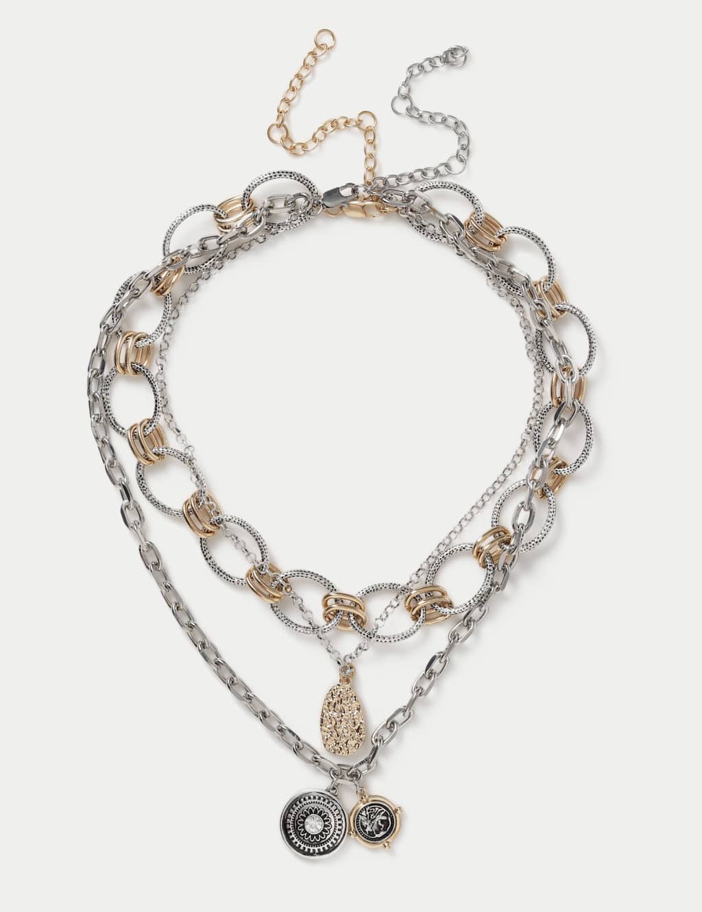 M&S Multi Row Coin Charm Layered Necklace Silver
