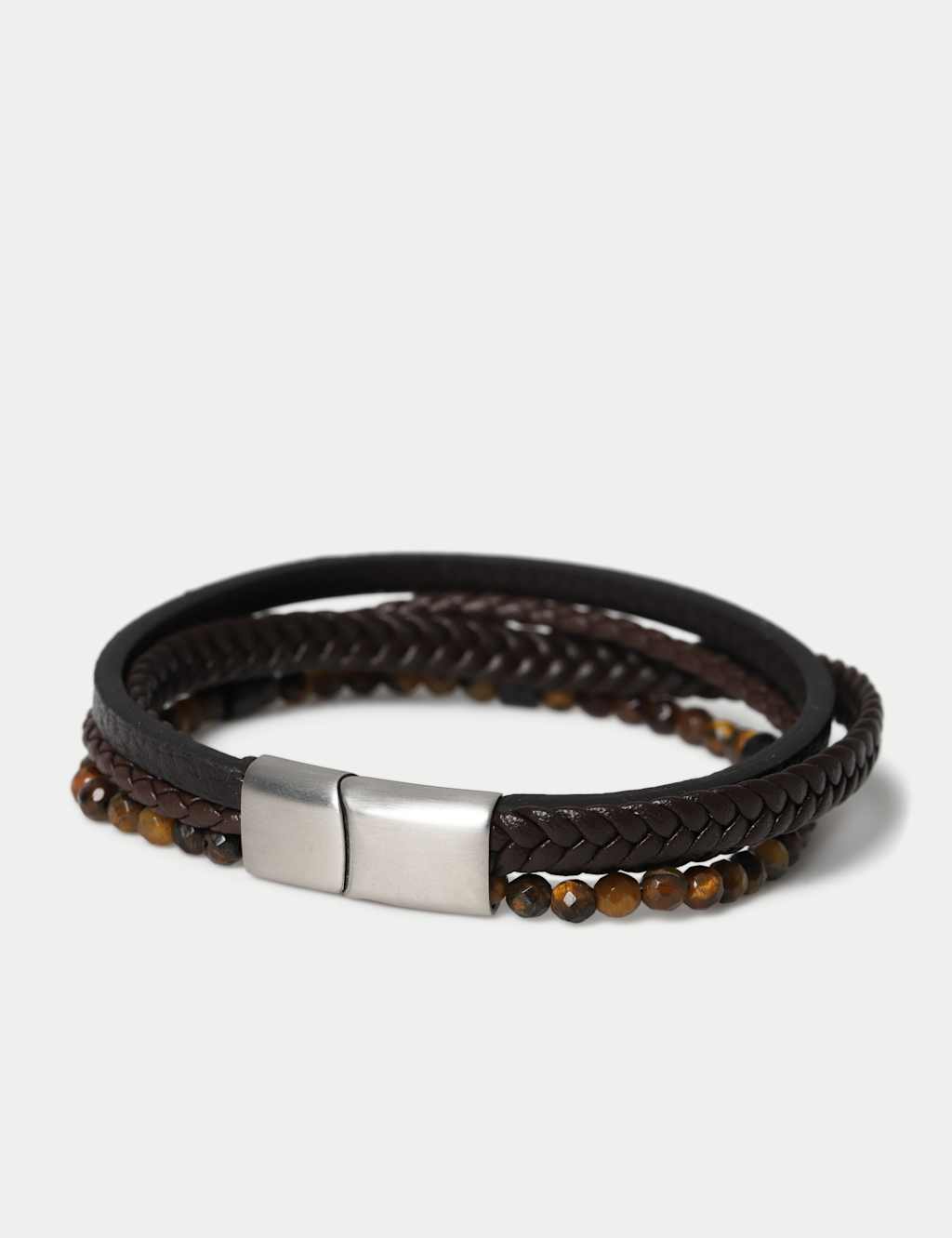 M&S Men's Genuine Leather and Semi P Bracelet - Brown Mix