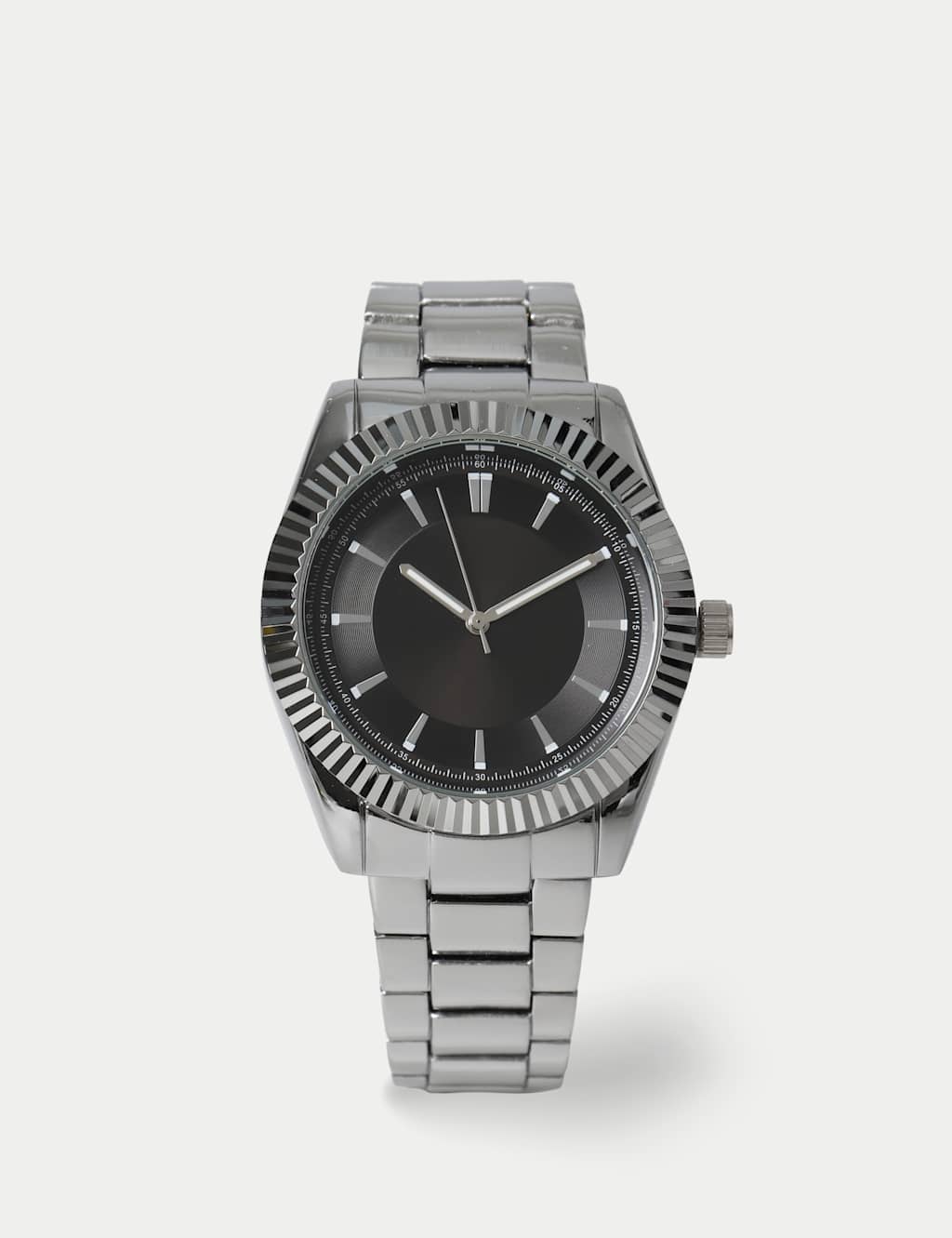 M&S Men's Faceted Bezel Steel Black Dial - Silver