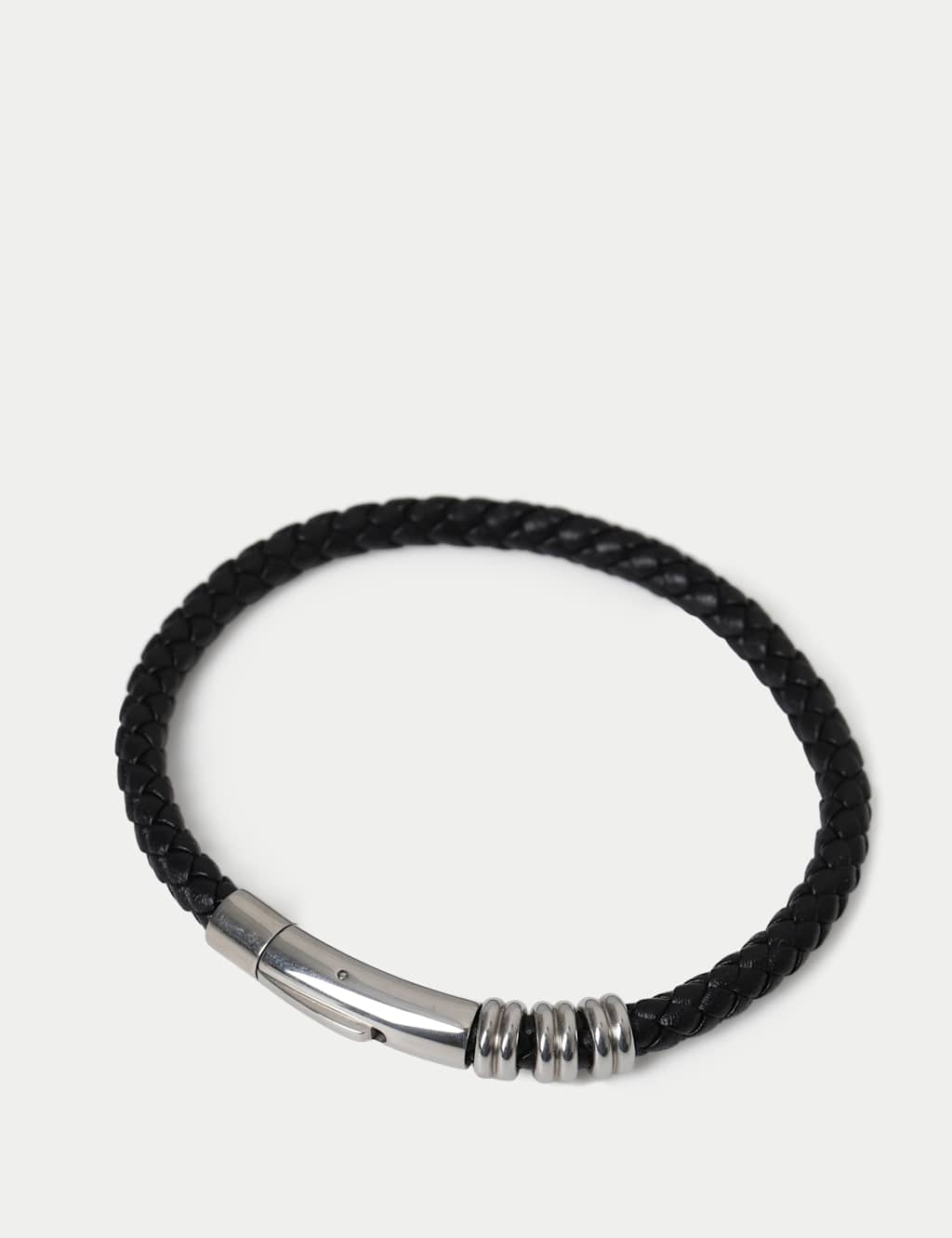 M&S Men's Genuine Leather Plait Bracelet - Black