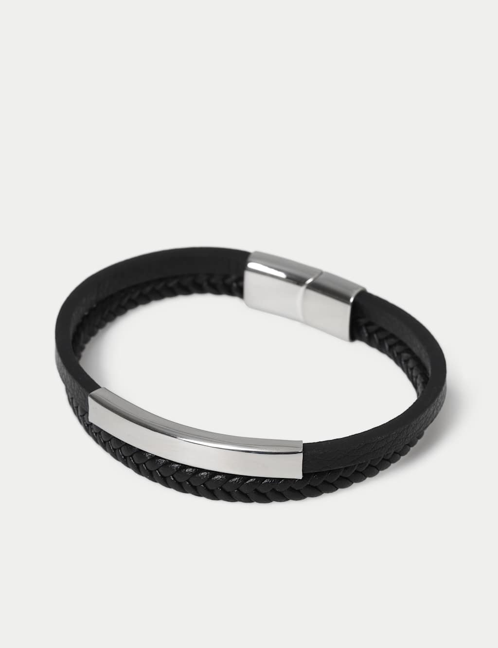 M&S Men's Genuine Leather Double Row Bracelet - Black