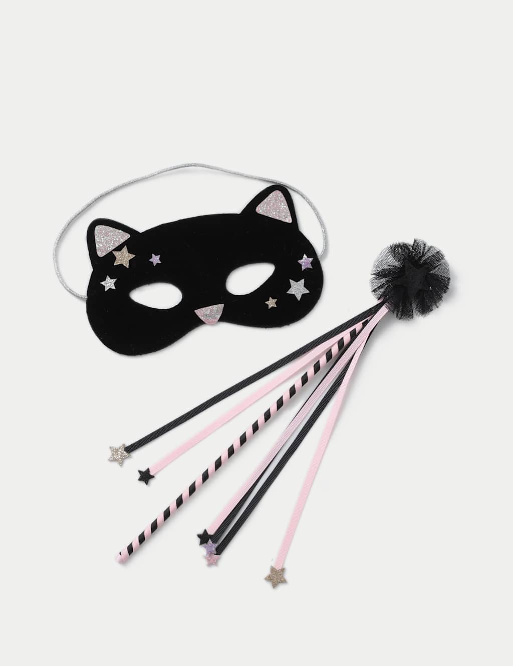 M&S 2pc Halloween Faux Fur Cat Mask & Wand Black Mix