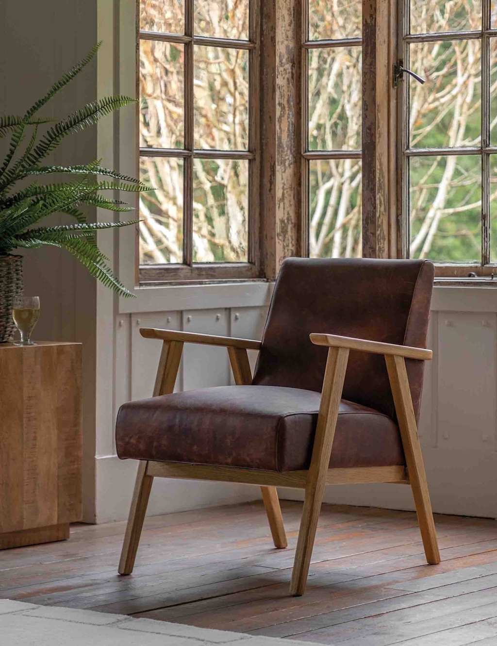 Gallery Direct Neyland Wood Leather Armchair - Brown Mix - Available at M&S