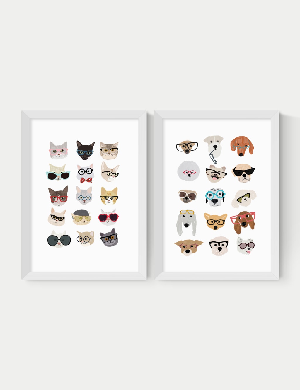 Cats & Dogs In Glasses Twin Set Framed Art