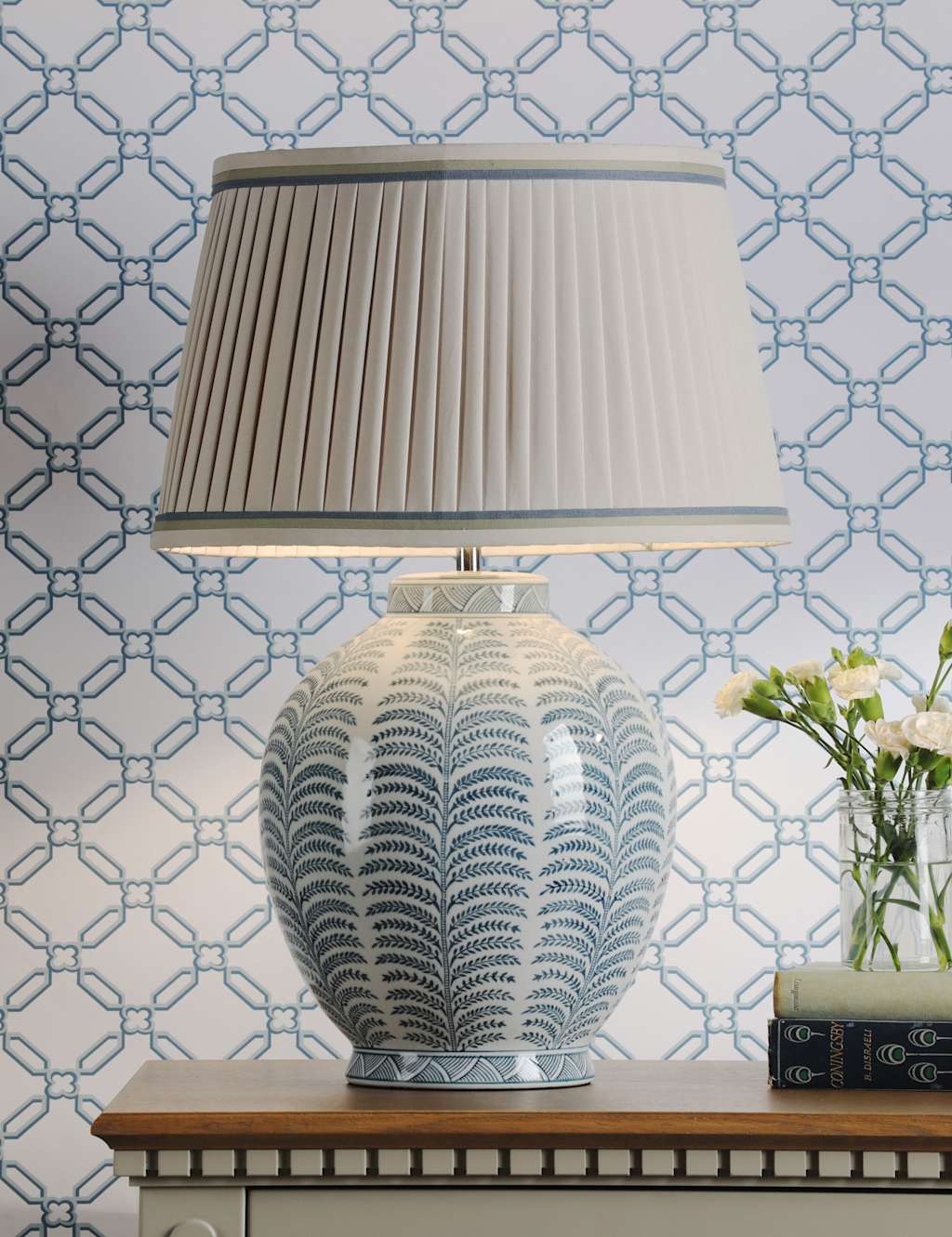 Laura Ashley Stannard Leaf Print Table Lamp - Blue - Available at M&S