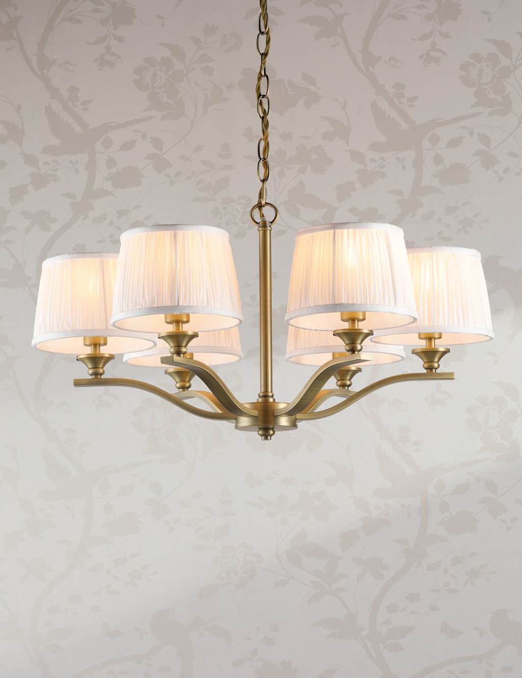 Laura Ashley Hemsley 6 Light Pleated Silk Chandelier - Antique Brass - Available at M&S
