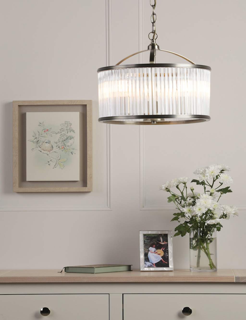 Laura Ashley Sutton Metal & Glass 3 Light Pendant Light - Antique Brass - Available at M&S