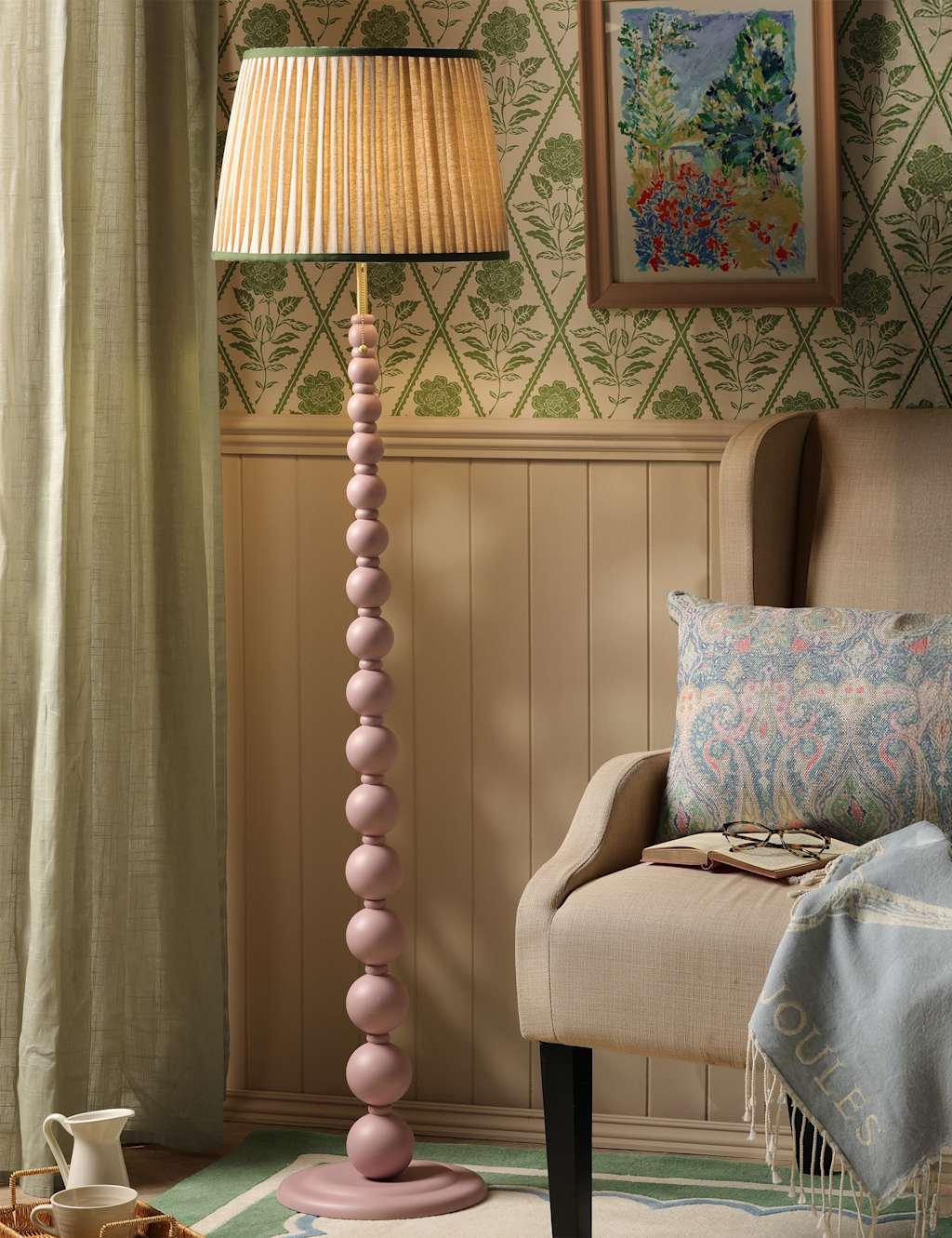 Joules Home Lighting Harewood Wood Bobbin Floor Lamp - Pink Mix - Available at M&S