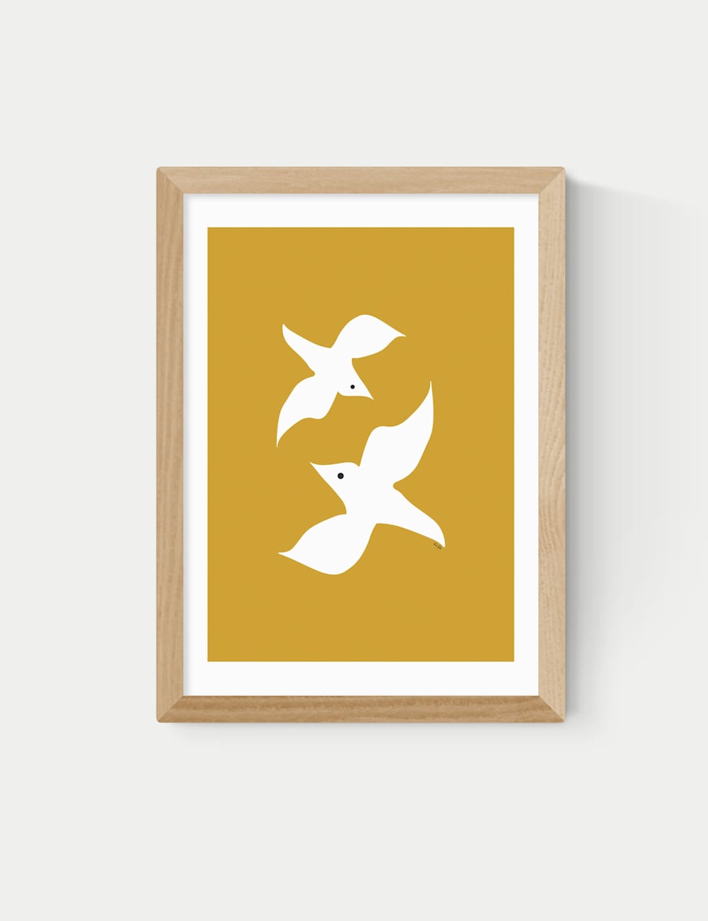 East End Prints Love Birds in Mustard Framed Art Print - A3 - Natural - Available at M&S