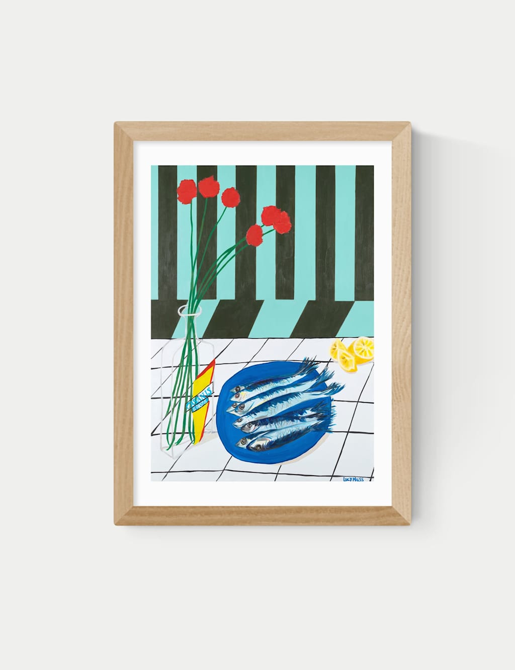 East End Prints Striped Sardines Rectangle Framed Art - A3 - Natural - Available at M&S