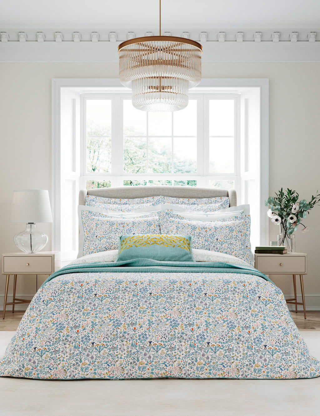 V&A Pure Cotton Voysey Wildflower Duvet Cover Aqua