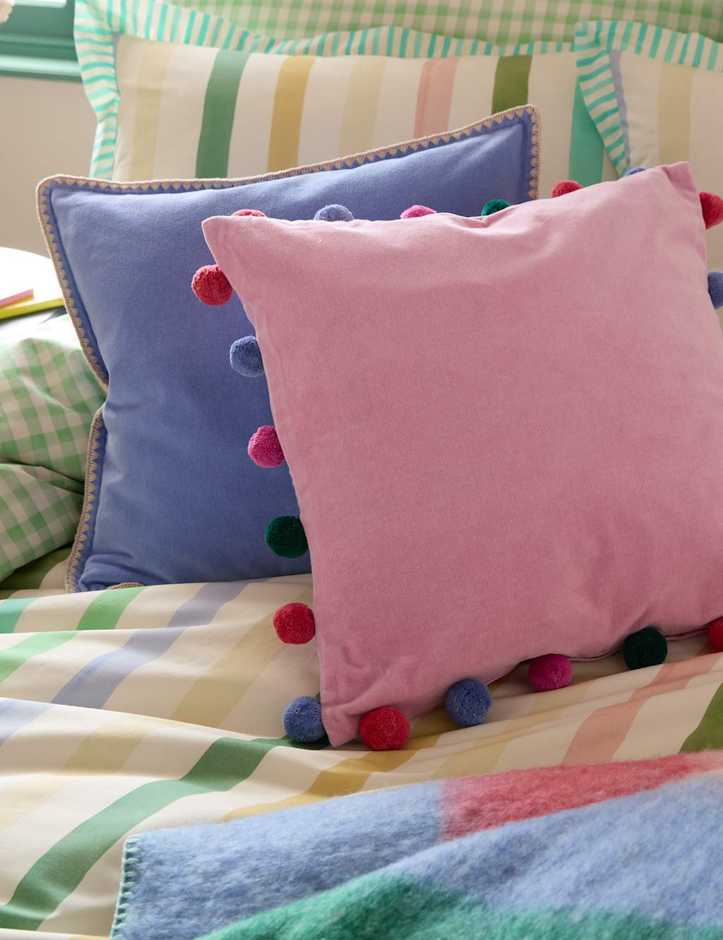 Bluebellgrey Pure Cotton Velvet Pom Pom Cushion - Light Pink - Available at M&S