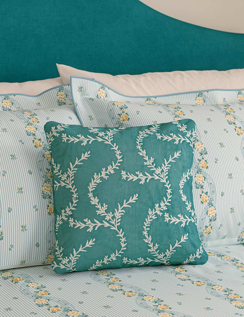 V&A Pure Cotton Velvet Chikan Cushion - Teal - Available at M&S