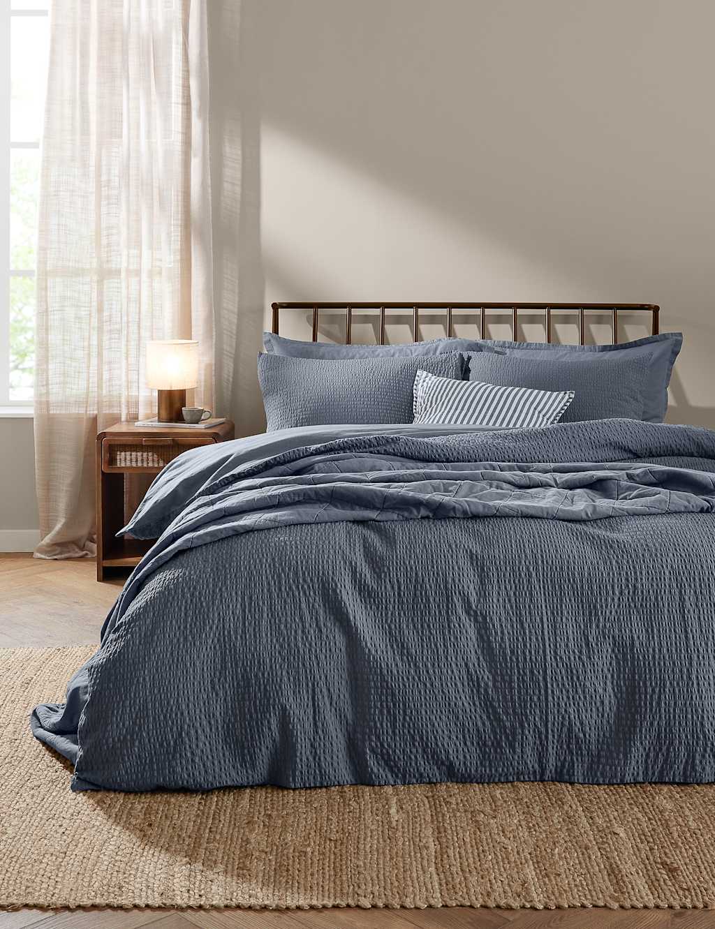 Yard Hebden Pure Cotton Seersucker Bedding Set - King Size (5 ft) - Blue - Available at M&S