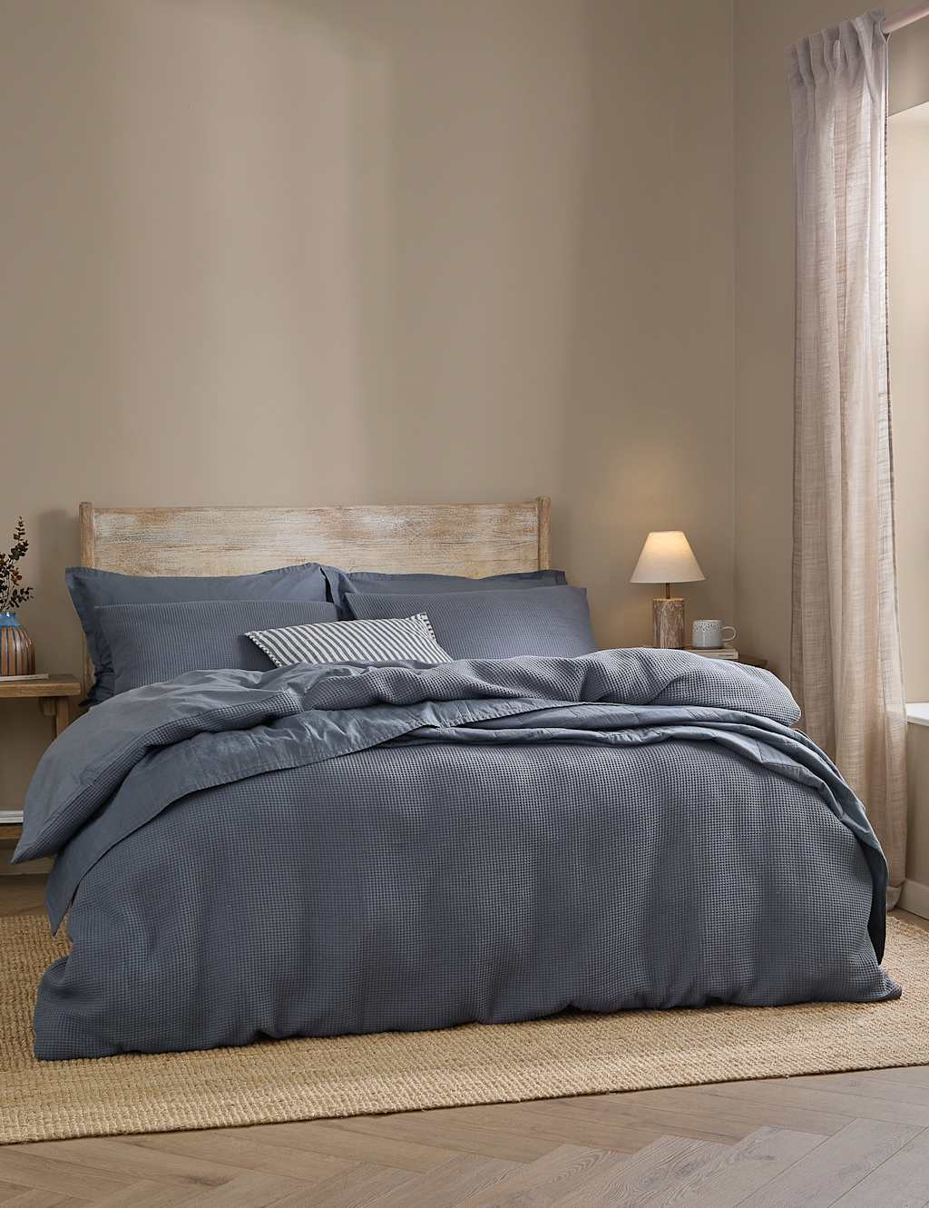 Yard Pure Cotton Percale Hebden Waffle Bedding Set - Double (4 ft 6) - Blue Denim - Available at M&S