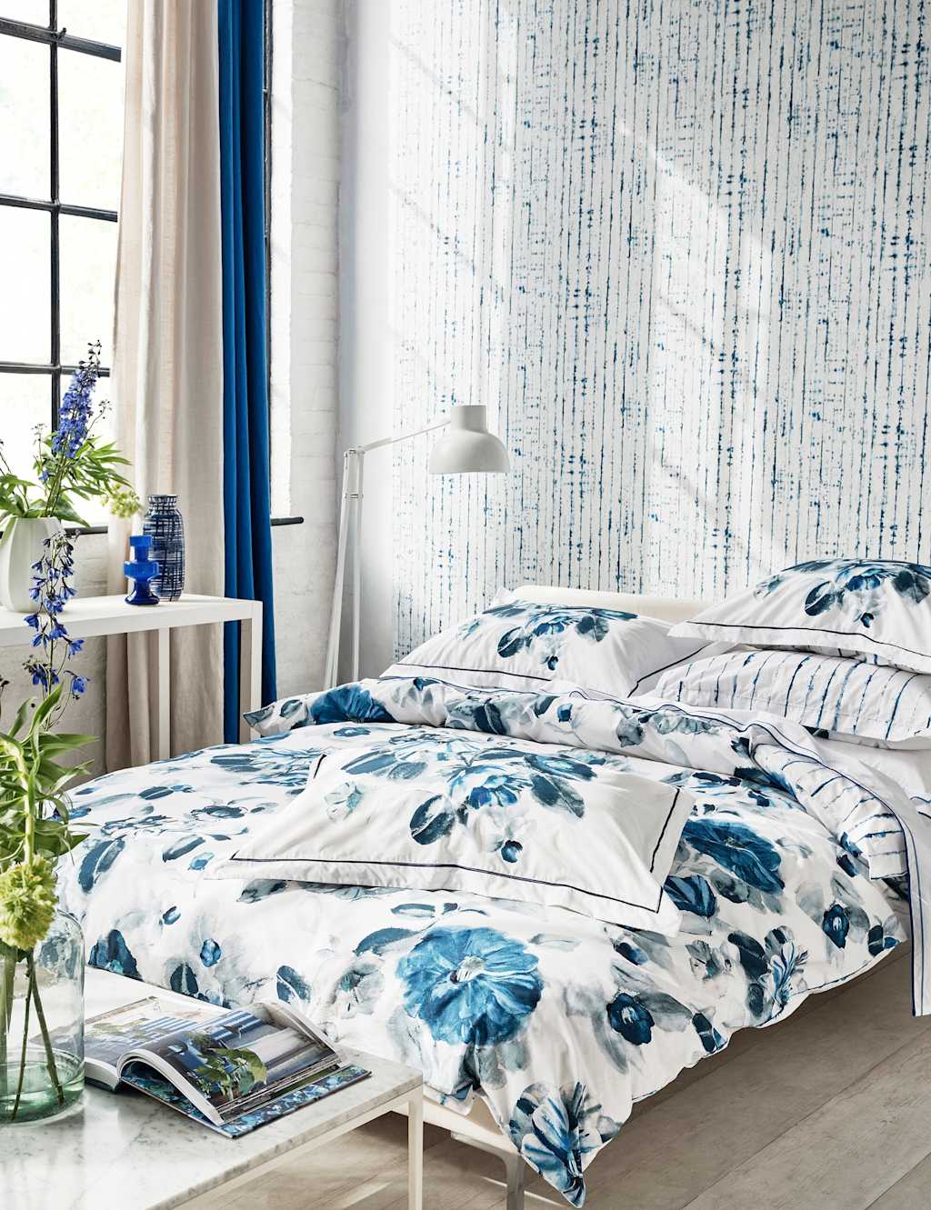 Designers Guild Pure Cotton Percale Indigo Flower Bedding Set - King Size (5 ft) - White Mix - Available at M&S