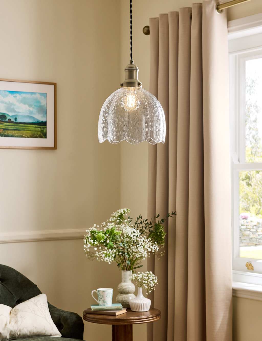 Laura Ashley Vintage Glass & Metal Pendant Light - Antique Brass - Available at M&S