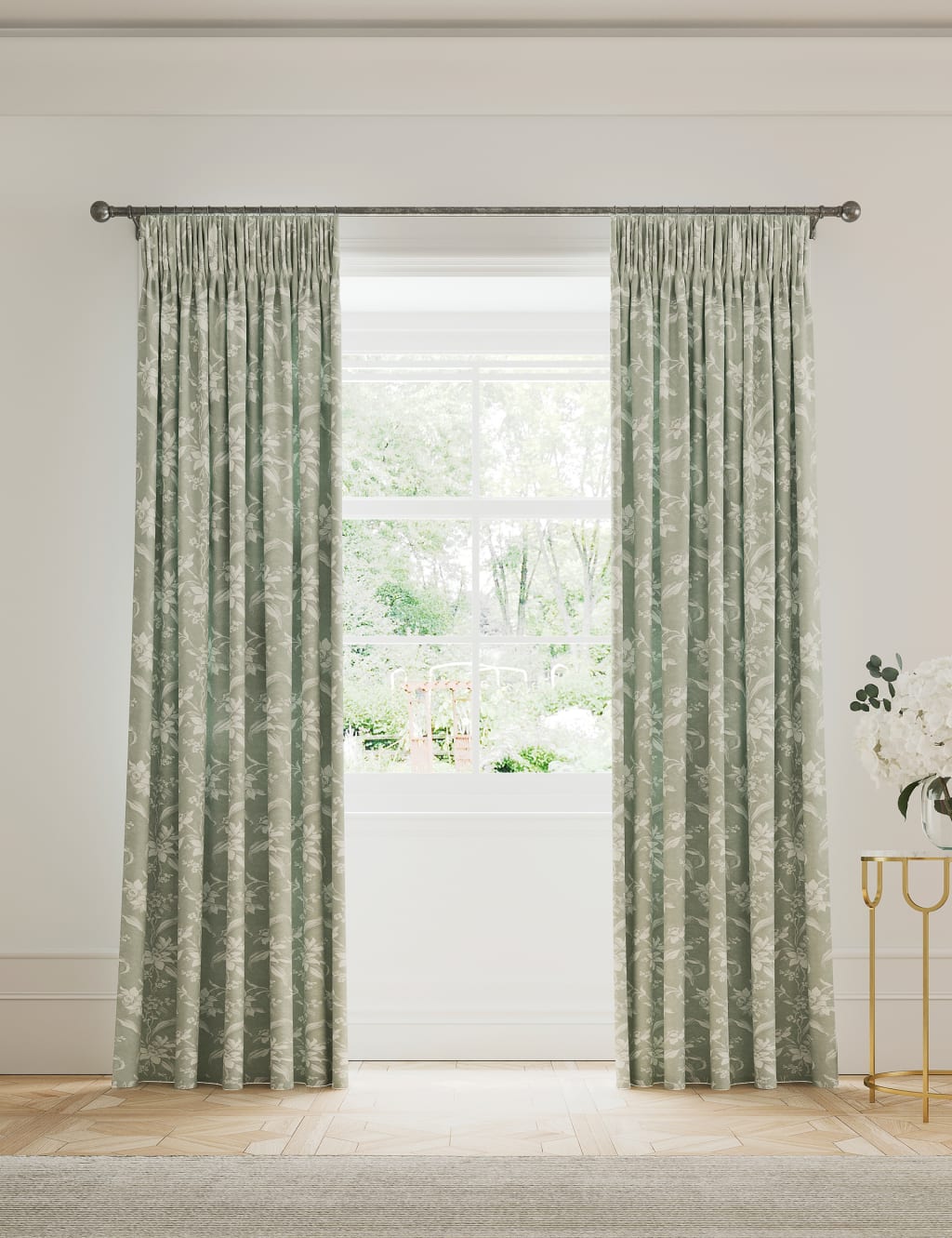V&A Daffodil Pure Cotton Pencil Pleat Blackout Curtains - W168cm, Drop 229cm - Green Mix - Available at M&S