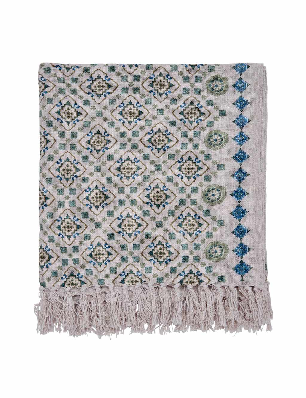 Joules Country Tiles Pure Cotton Geometric Throw - Extra Large - Green Mix - Available at M&S
