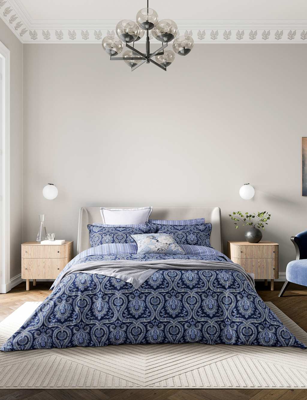 Bedeck Of Belfast Pure Cotton Ellis Bedding Set - Super King Size (6 ft) - Navy Mix - Available at M&S