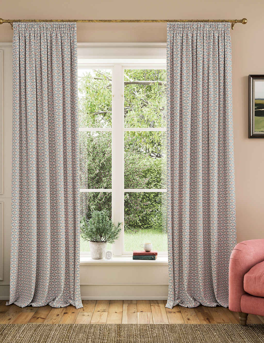 Joules Floral Foulard Pure Cotton Pencil Pleat Curtains Blue