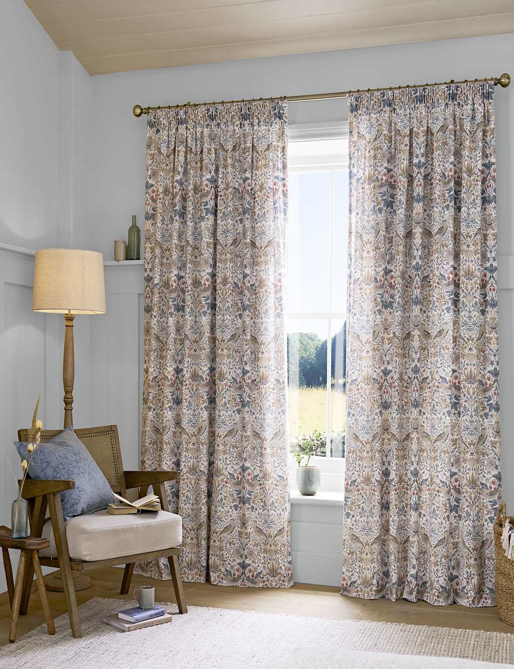 William Morris At Home Strawberry Thief Pencil Pleat Curtains - W168cm, Drop 229cm - Blue Mix - Available at M&S