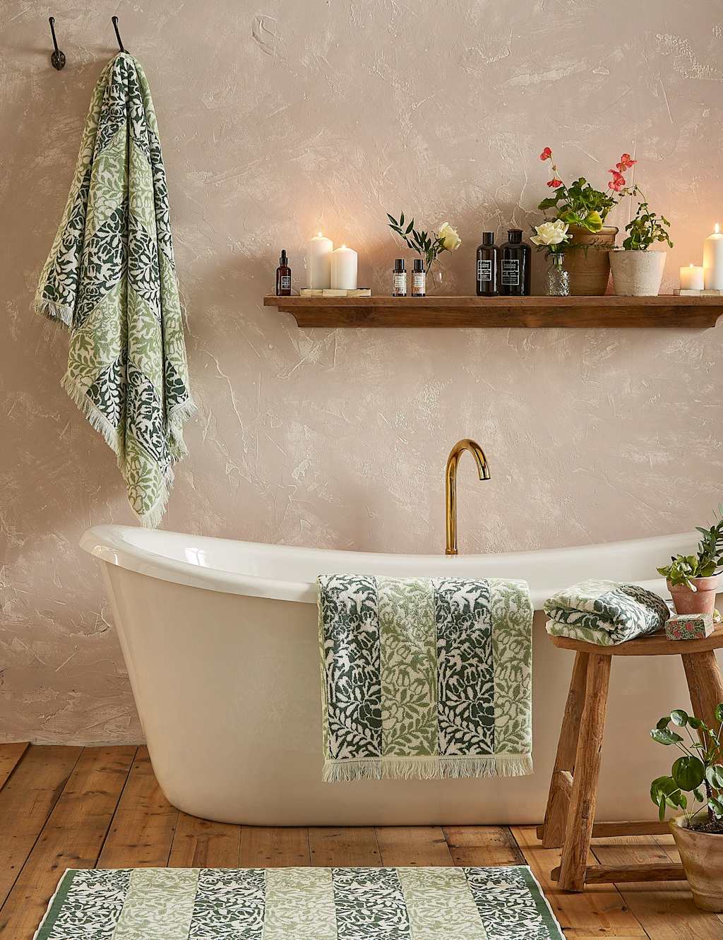William Morris At Home Pure Cotton Striped Floral Towel - Bath Sheet - Green Mix - Available at M&S