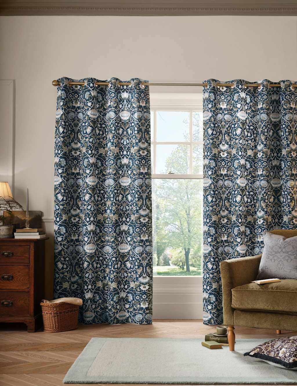 William Morris At Home Lodden Pure Cotton Eyelet Curtains - W168cm, Drop 183cm - Blue Mix - Available at M&S