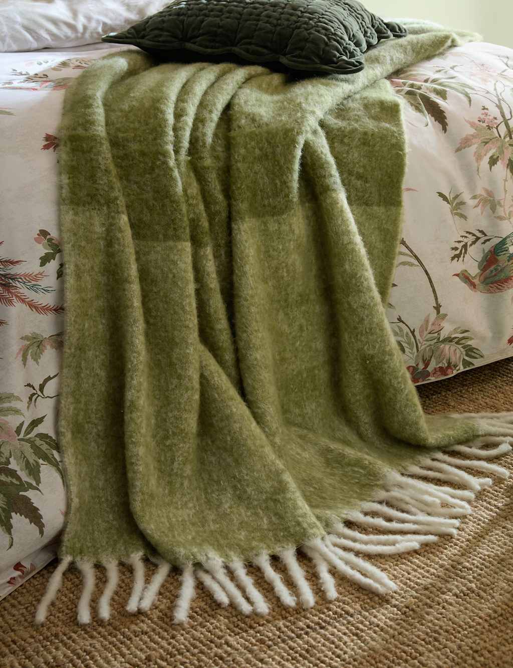Laura Ashley Bronwen Tassled Throw with Wool - Double (4 ft 6) - Green Mix - Available at M&S