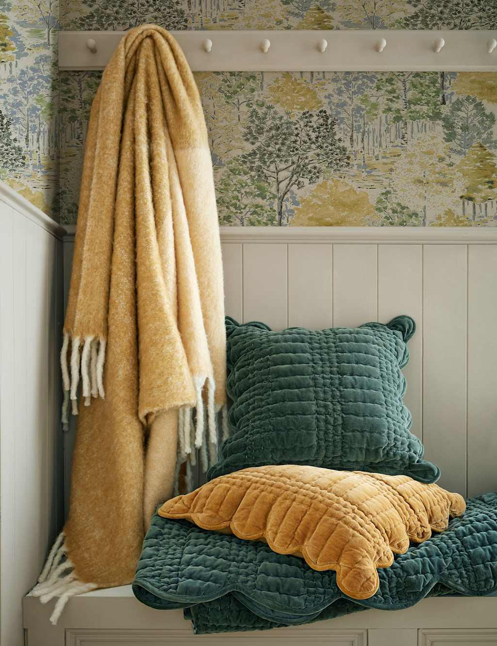 Laura Ashley Bronwen Tassled Throw with Wool - Double (4 ft 6) - Yellow Mix - Available at M&S