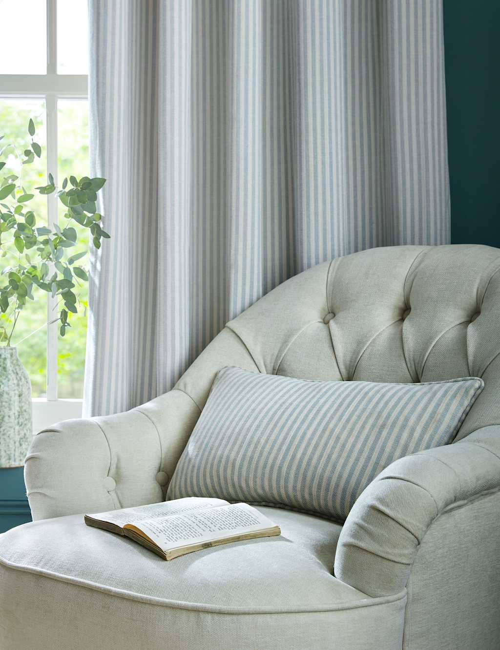 Laura Ashley Cornish Chenille Striped Eyelet Curtains - W168cm, Drop 183cm - Light Blue Mix - Available at M&S