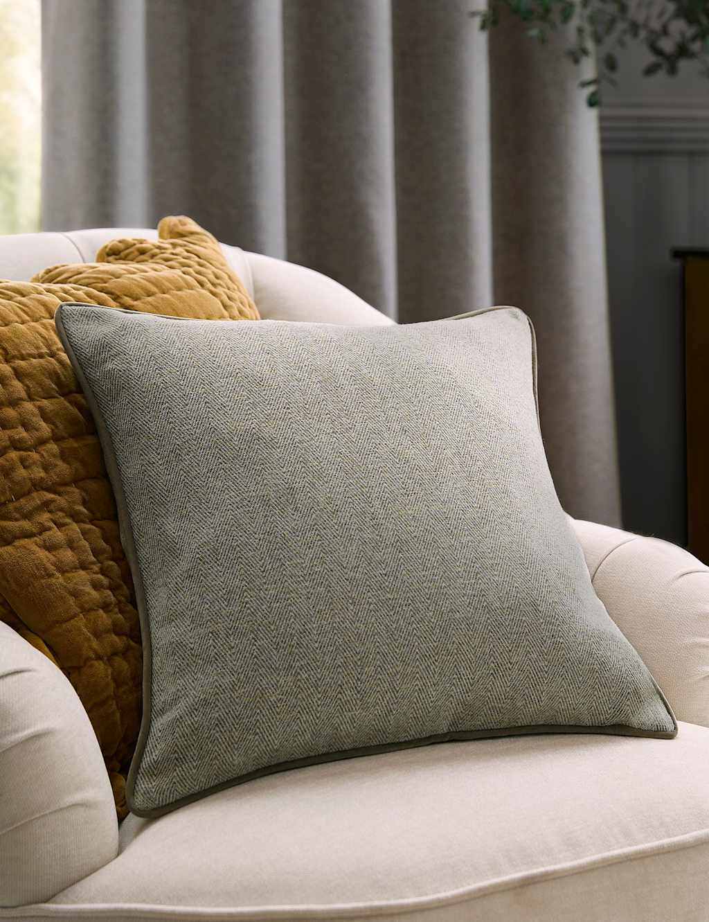 Laura Ashley Milbourne Herringbone Piped Cushion - Green - Available at M&S