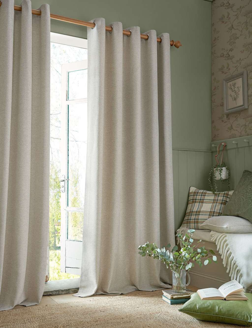 Laura Ashley Milbourne Herringbone Eyelet Curtains - W168cm, Drop 183cm - Natural - Available at M&S