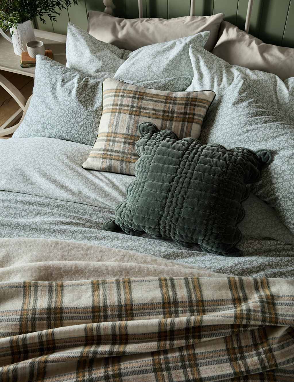 Laura Ashley Velvet Scalloped Textured Cushion - Green - Available at M&S