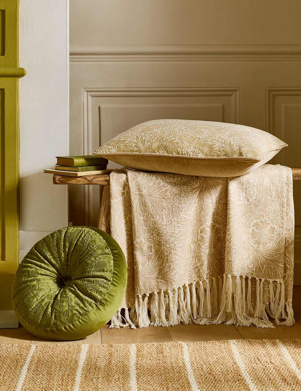 William Morris At Home Velvet Strawberry Thief Cushion - Green - Available at M&S