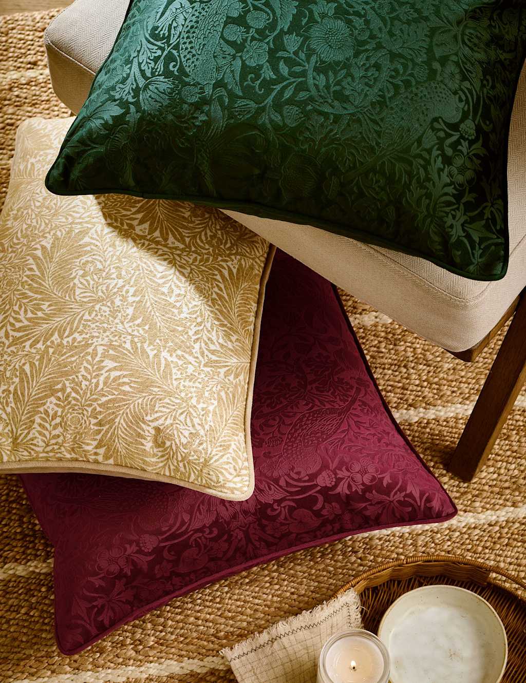 William Morris At Home Velvet Strawberry Thief Cushion - Green - Available at M&S