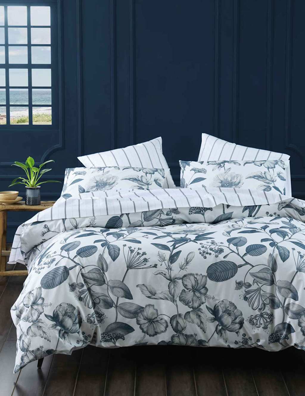 Mm Linen Pure Cotton Botanical Bluestone Bedding Set - Double (4 ft 6) - White Mix - Available at M&S