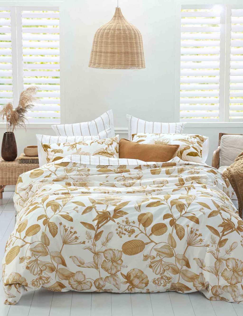 Mm Linen Pure Cotton Botanical Ochre Bedding Set - Double (4 ft 6) - White Mix - Available at M&S