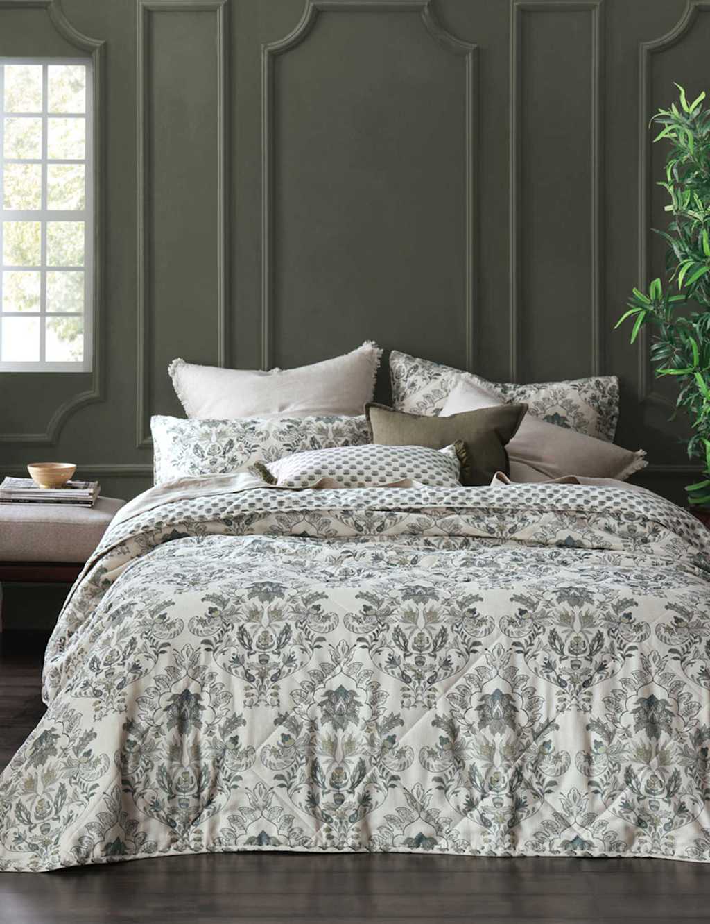 Mm Linen Cotton Rich Jovany Bedspread Set with Linen - W150cm, Drop 162cm - White Mix - Available at M&S
