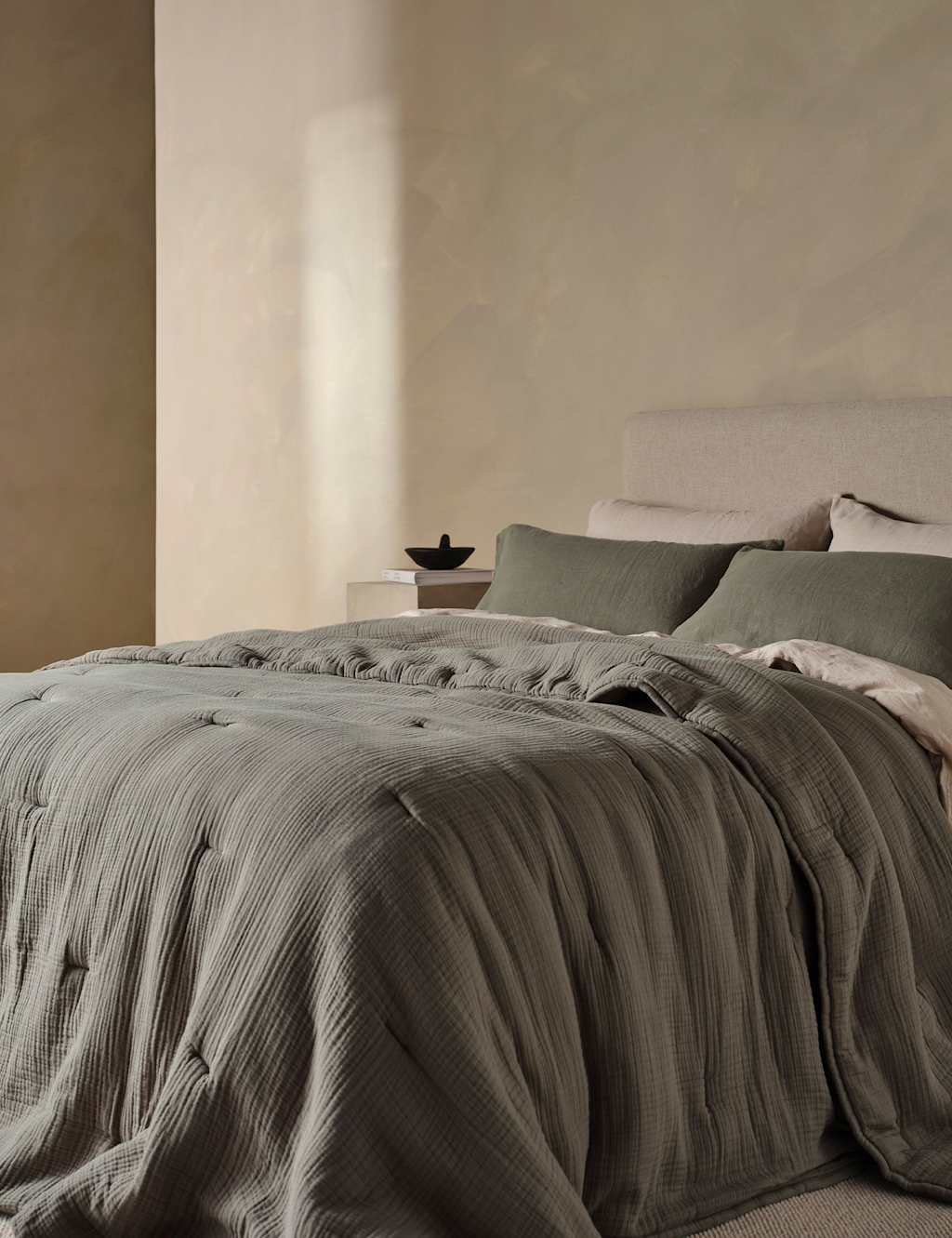 Bedfolk Pure Cotton Stitched Quilted Throw - Super King Size (6 ft) - Khaki - Available at M&S