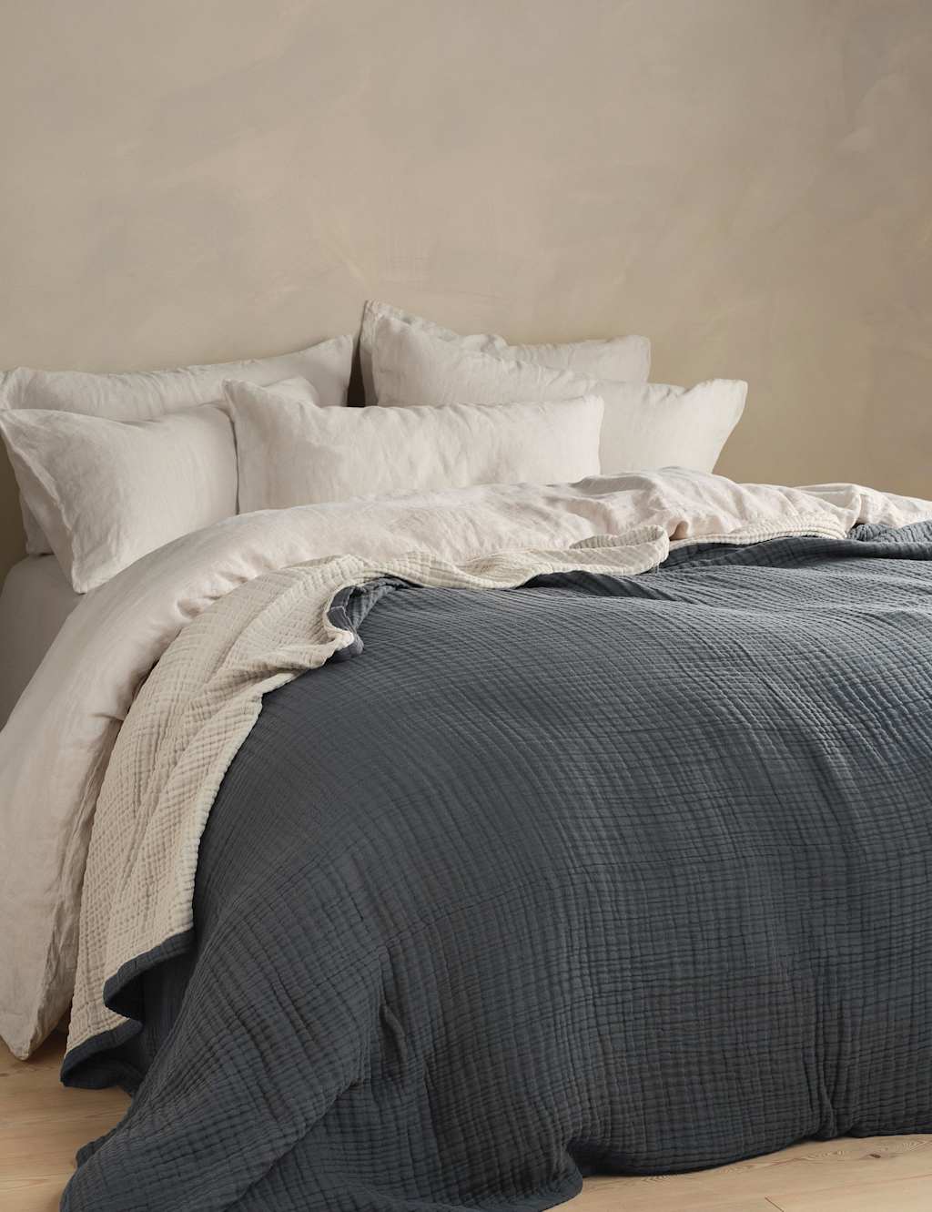 Bedfolk Pure Cotton Reversible Extra Large Throw - Wider Width - Blue Mix - Available at M&S
