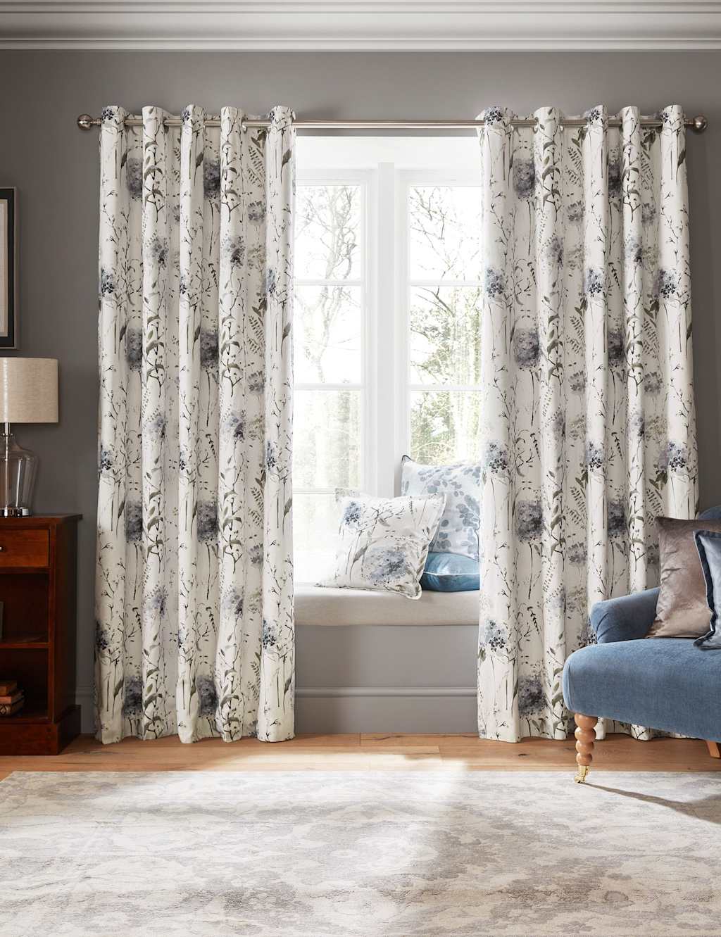 Laura Ashley Pallington Bloom Cotton Rich Eyelet Blackout Curtains Blue Mix