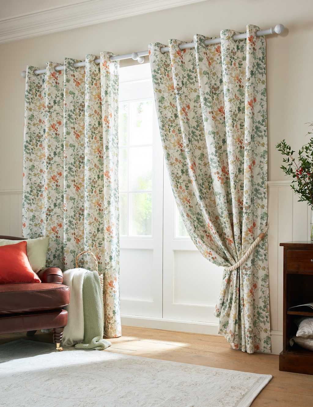 Laura Ashley Old Castle Leaves Cotton Rich Eyelet Curtains Green Mix