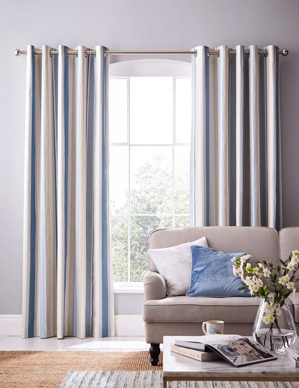 Laura Ashley Awning Stripe Eyelet Blackout Curtains Blue Mix