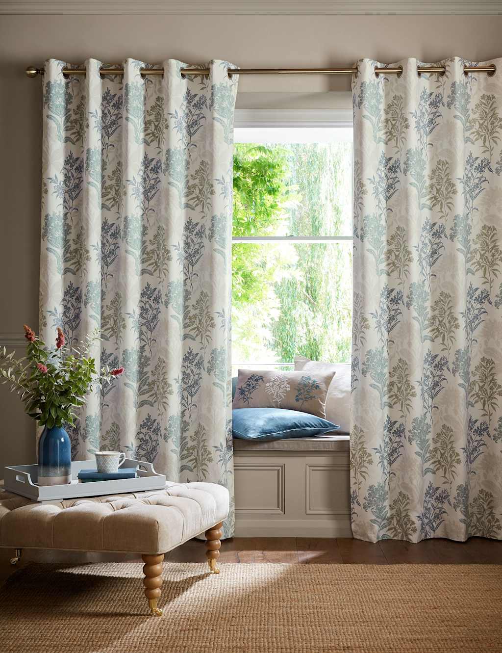 Laura Ashley Tenby Pure Cotton Eyelet Blackout Curtains Blue Mix