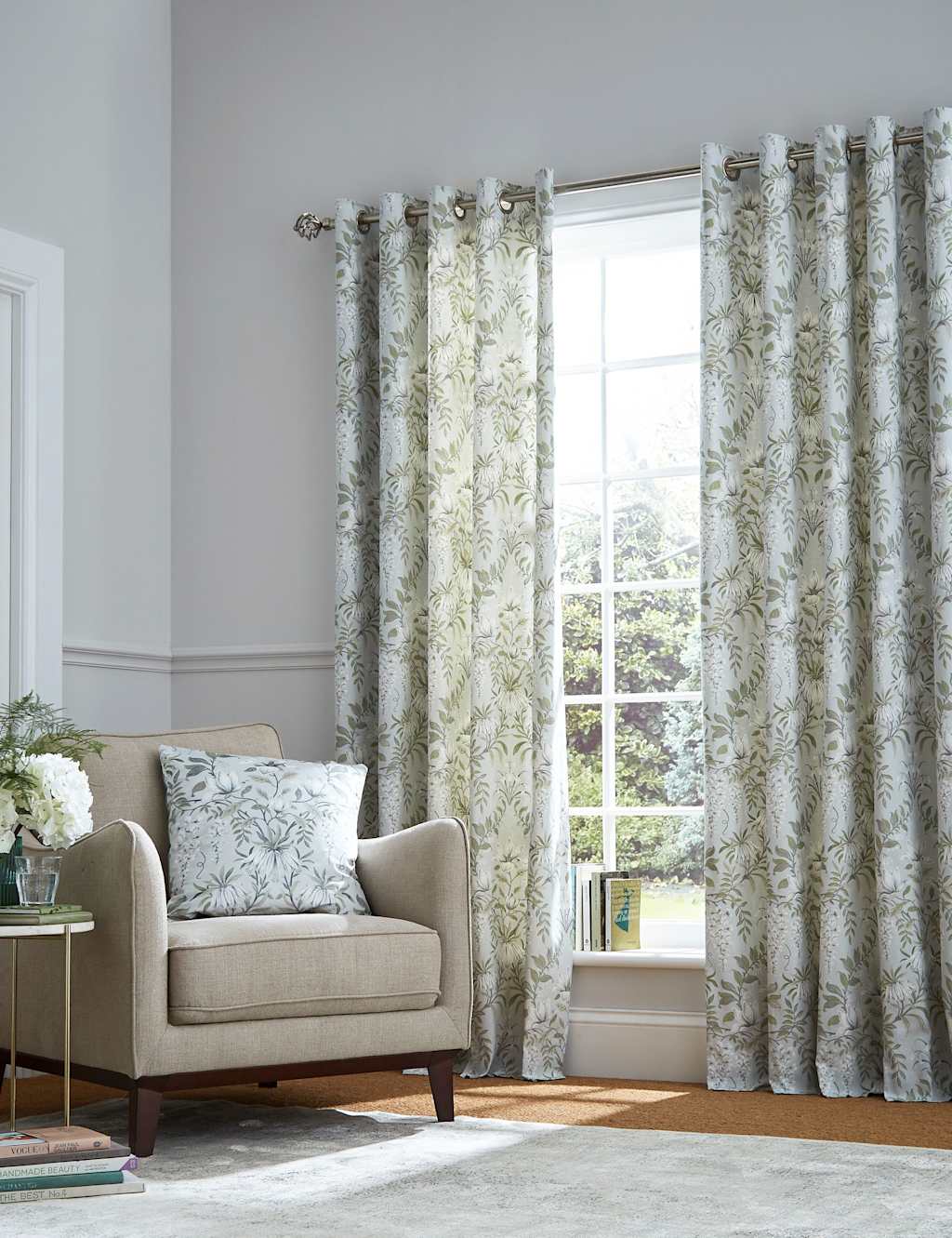 Laura Ashley Parterre Pure Cotton Floral Eyelet Curtains Green Mix